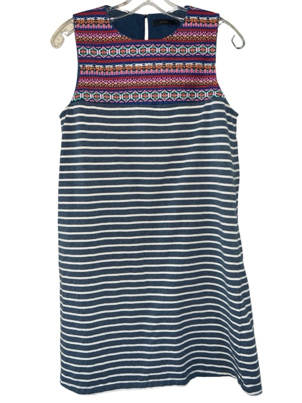 THML Anthropologie Women’s Striped Sleeveless Dress with Embroidered Pattern S